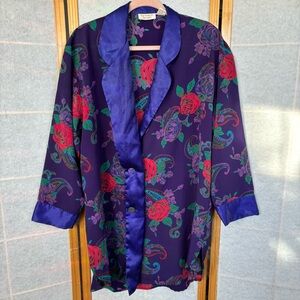 Vtg Victoria’s Secret Gold Label Satin Sleep Shirt Robe Purple Floral Paisley‎ M